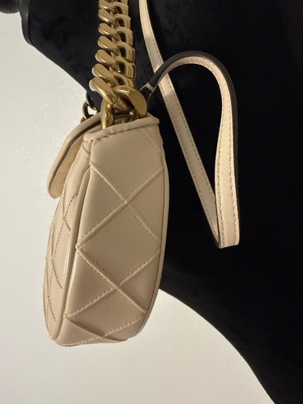 Tory Burch Cream Mini Fleming Crescent Bag with Gold Chain - Picture 14 of 17